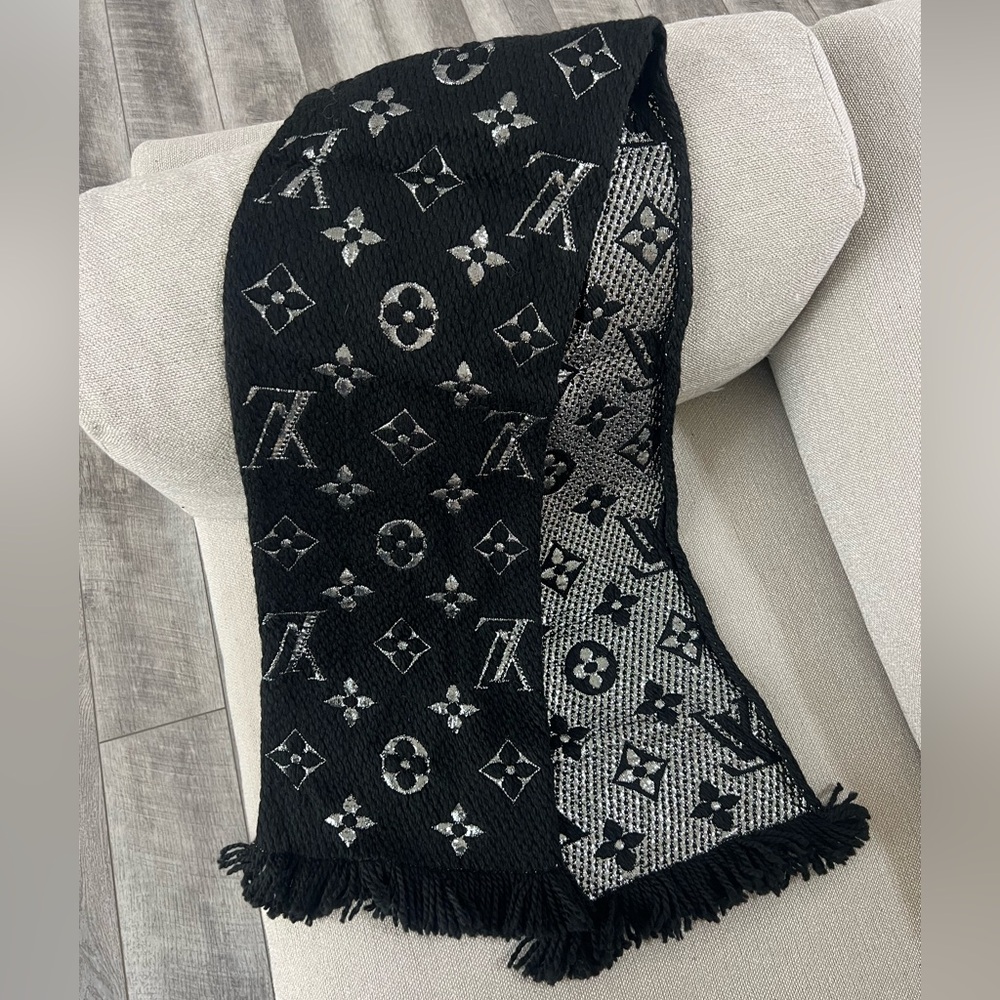 Louis Vuitton Black and Silver Monogram Wool and Silk Scarf